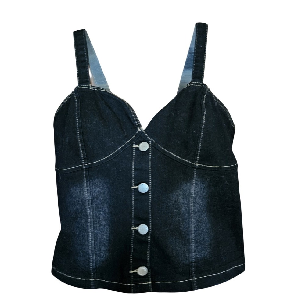 bebe Black Denim Corset Top L Juniors Bustier Stretch Back Festival‎ Biker Boho